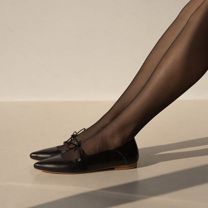 Black Vegan leather Lace-Up Bow Pointed Toe Flats Shoes for Women