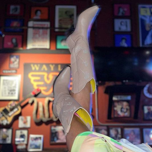 Nude Rose Embroidered Chunky Heel Mid-Calf Cowboy Boots for Women