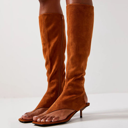 Brown Vegan Suede Square Toe Kitten Heel Knee High Boots