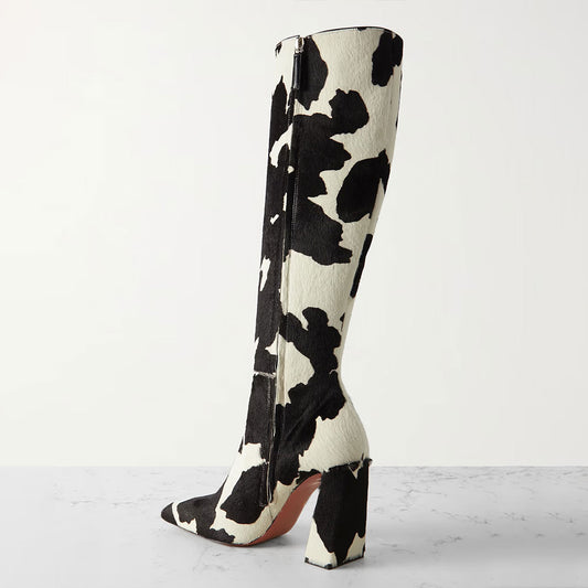 Black & White Square Toe Cow-Print Hair Block Heel Knee High Boots