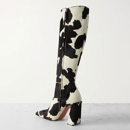 Black & White Square Toe Cow-Print Hair Block Heel Knee High Boots
