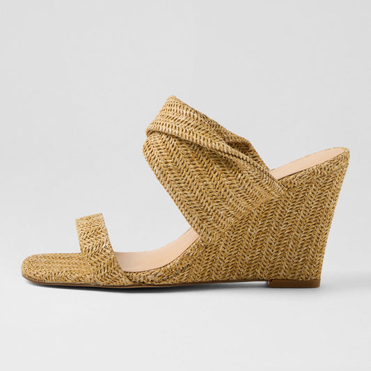 Chic Gold Raffia Woven Open Square Toe Wedge Sandals for Women