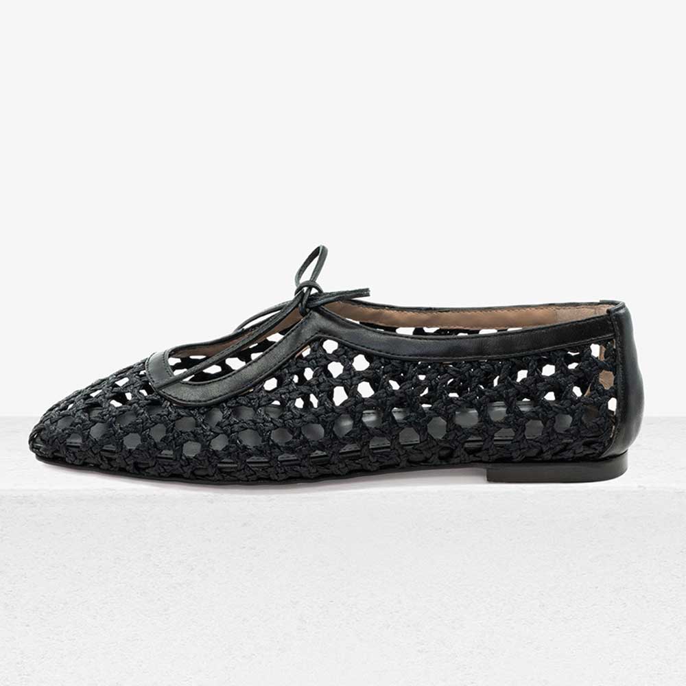 Black Square Toe Woven Hollow Out Lace Up Flat Shoes for Women