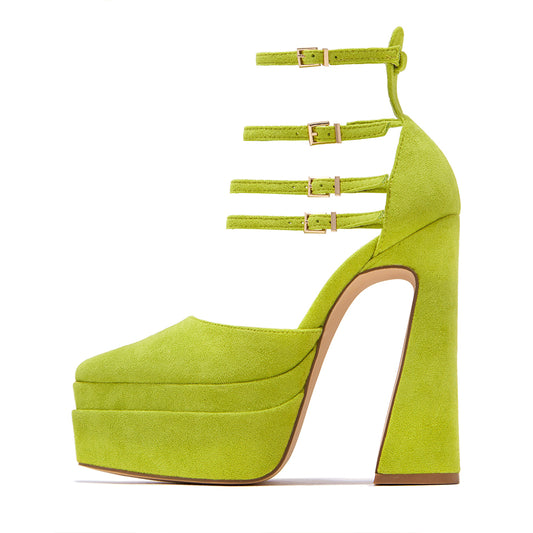 Women's Green Vegan Suede Triple Ankle Strap Platform Pumps Heels