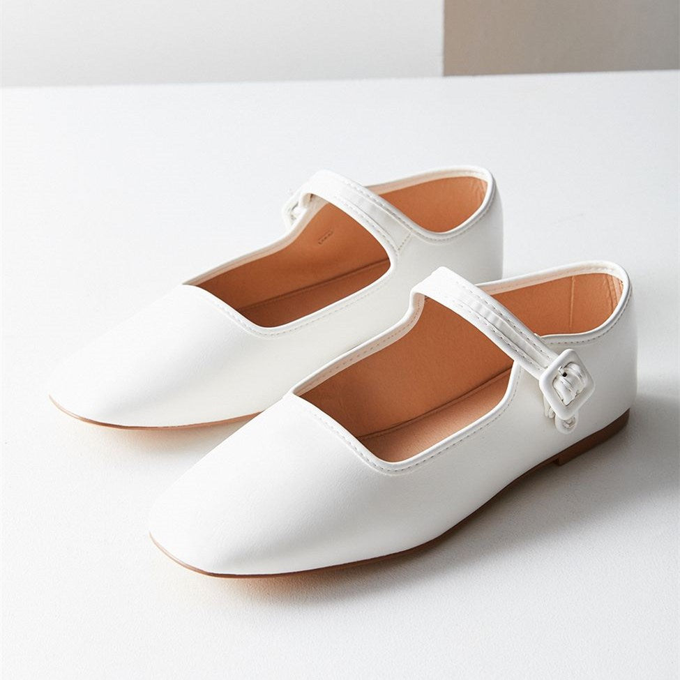 Classic White Square Toe Buckle Strap Mary Jane Flats for Women