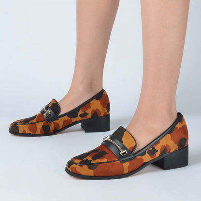 Brown Cow Print Low Chunky Heel Women's Loafers with Metal Accent
