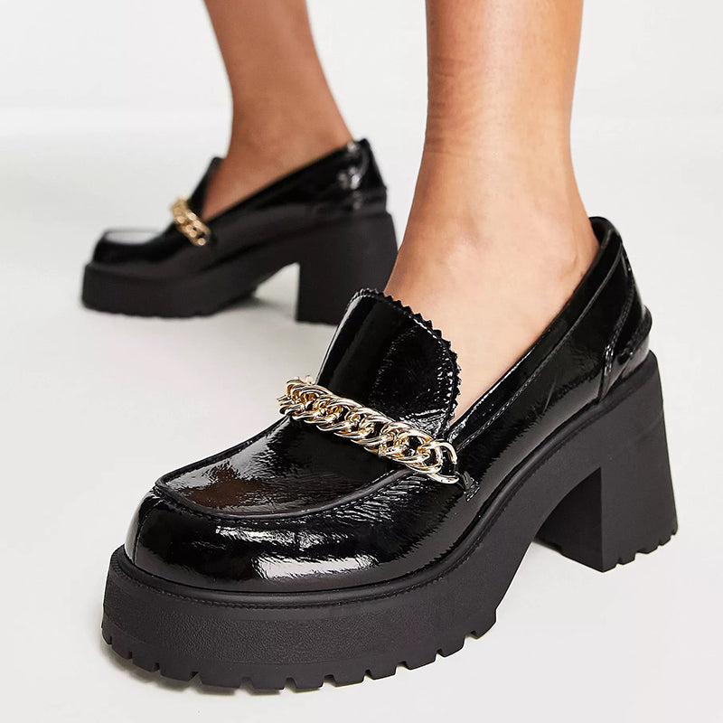Black Round Toe Metal Chain Embellished Chunky Heel Women's Loafers