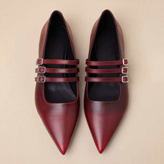 Gradient Maroon Pointed Toe Buckled Strappy Mary Jane Flats
