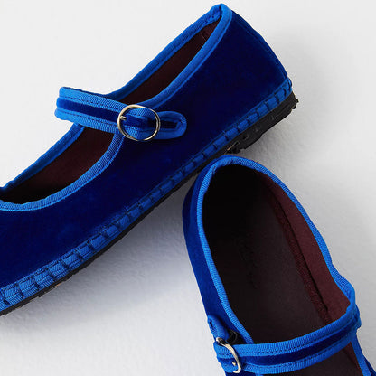 Blue Velvet Round Toe Buckle Strap Mary Jane Flats
