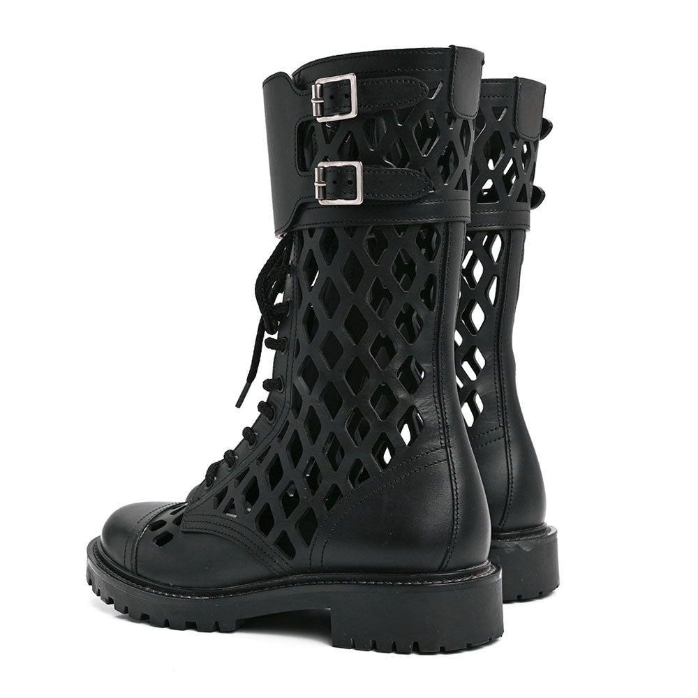Black Buckle Lace-Up Hollow Out Round Toe Mid Calf Boots