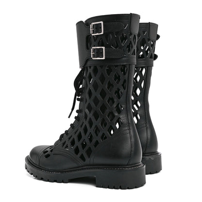 Black Buckle Lace-Up Hollow Out Round Toe Mid Calf Boots