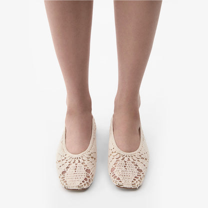 Women's Casual Ivory Crochet Square Toe Cut Out Ballet Flats