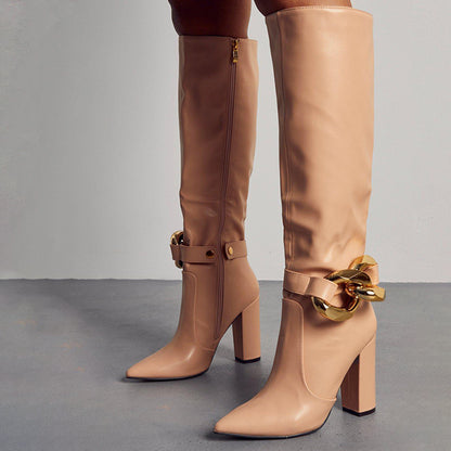 Nude Pointed Toe Chunky Heels Classic Metal Buckle Knee High Boots