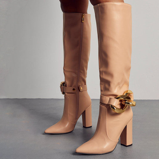 Nude Pointed Toe Chunky Heels Classic Metal Buckle Knee High Boots