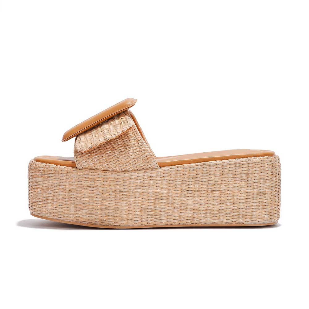 Nude Woven Platform Sandals Oversized Buckle Flat Slides Shoes