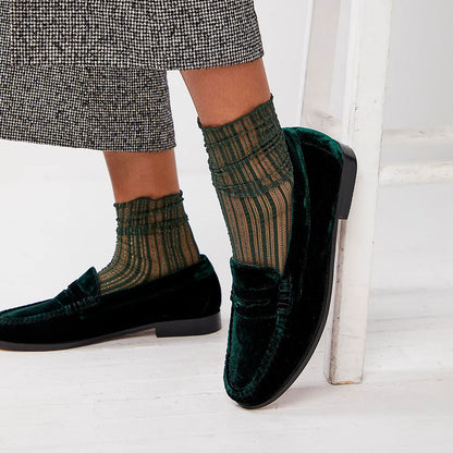 Green Velvet Round Toe Chunky Heel Slip-On Loafers