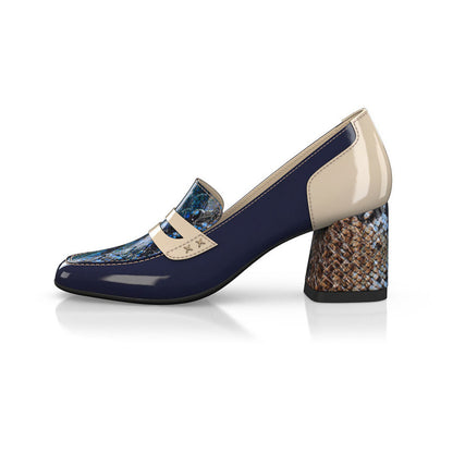 Navy & Beige Patent Leather Snakeskin Print Block Heeled Loafers
