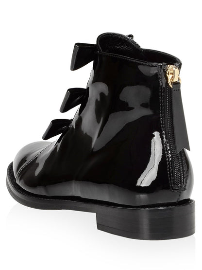 Black Patent Leather Bow Flat Ankle Boots