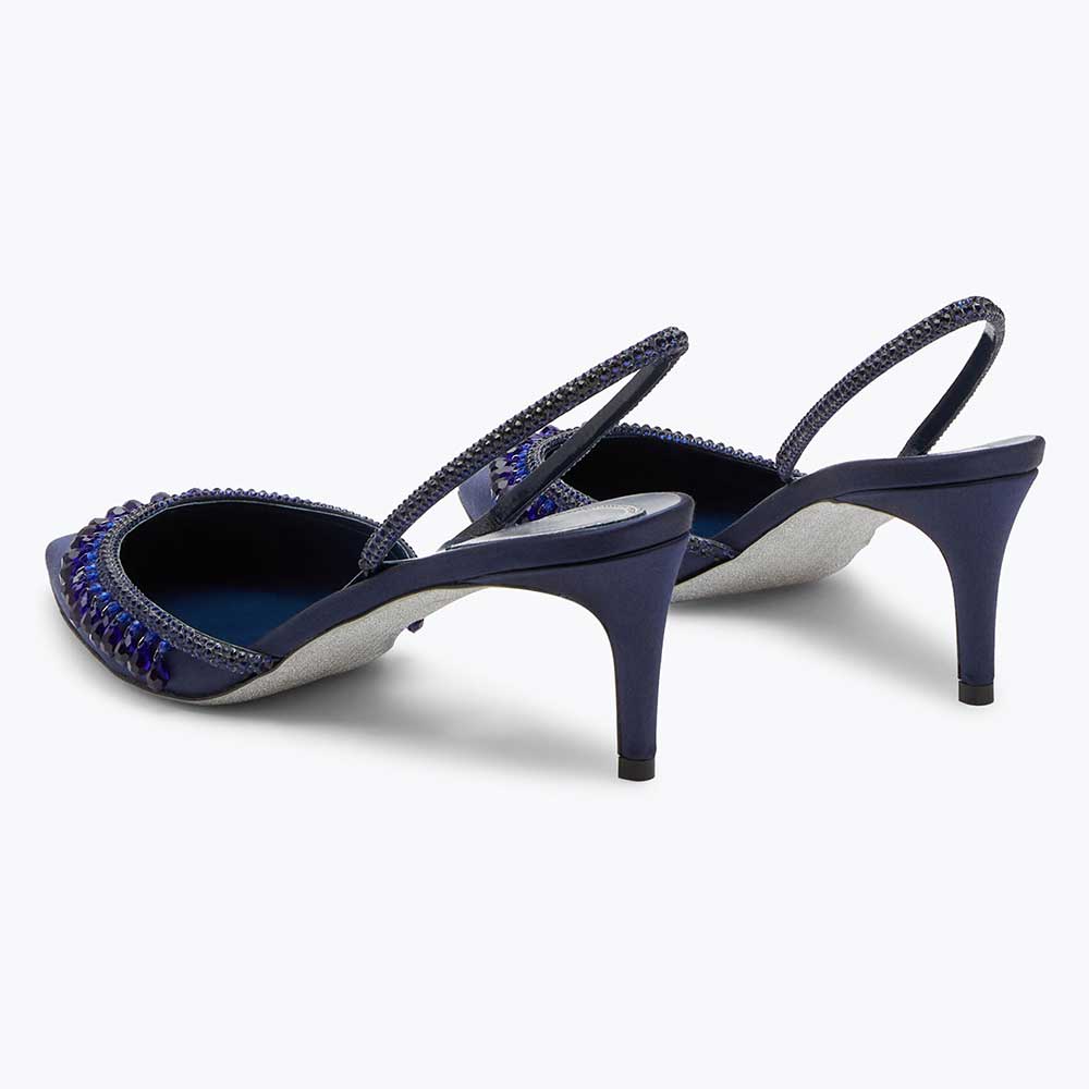 Women's Navy Satin Pointed Toe Rhinestone Kitten Heel Pumps