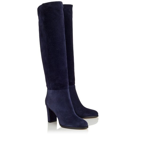 Navy Vegan Suede Round Toe Chunky Heel Knee High Boots