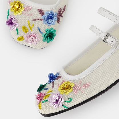 White Mesh Closed Toe Mary Jane Flats with Beads & Sequins Flowers