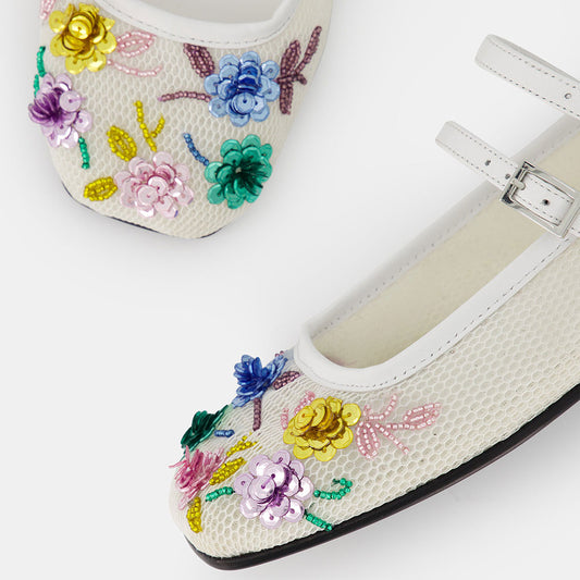 White Mesh Closed Toe Mary Jane Flats with Beads & Sequins Flowers