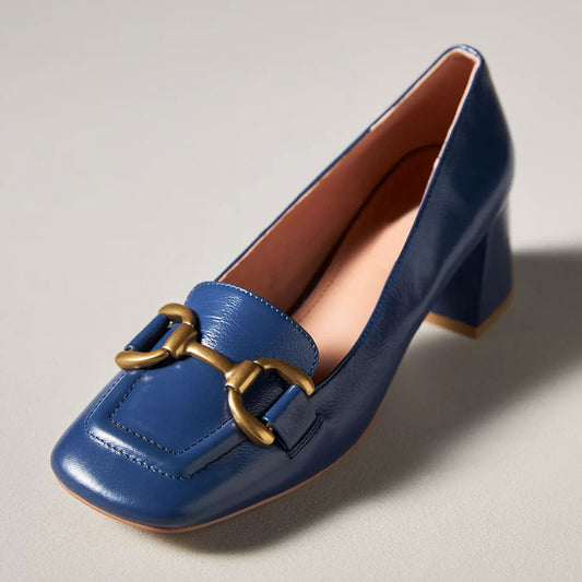 Blue Vegan Leather Square Toe Chunky Heel Slip-On Loafers