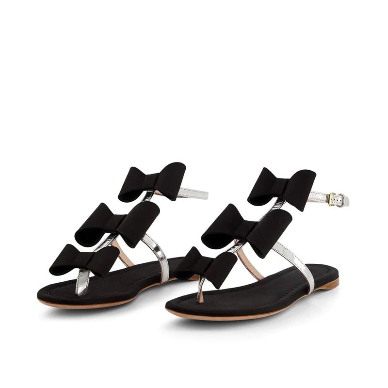 Black and Silver Thong Sandals Bows Embellished Slingback Flats