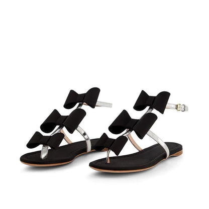 Black and Silver Thong Sandals Bows Embellished Slingback Flats