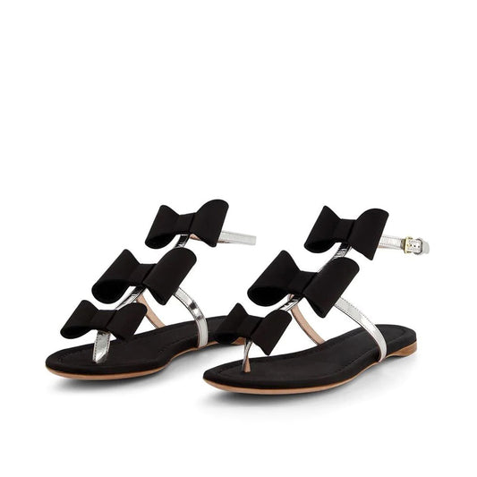 Black and Silver Thong Sandals Bows Embellished Slingback Flats