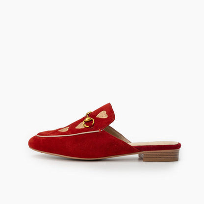 Red Vegan Suede Heart Embroidered Horsebit Mule Loafers