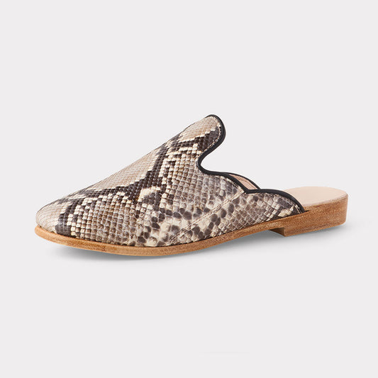 Beige & Black Python Embossed Round Toe Slip-On Flat Mules Shoes