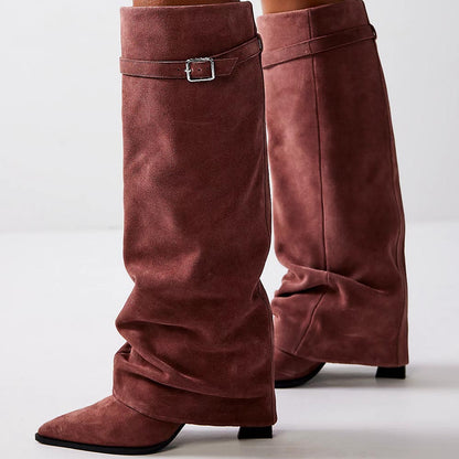 Brown Faux Suede Pointed Toe 4'' Chunky Heel Fold Over Knee High Boots