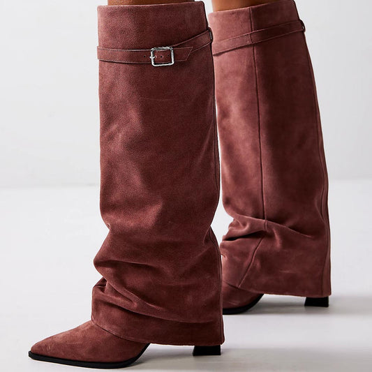 Brown Faux Suede Pointed Toe 4'' Chunky Heel Fold Over Knee High Boots