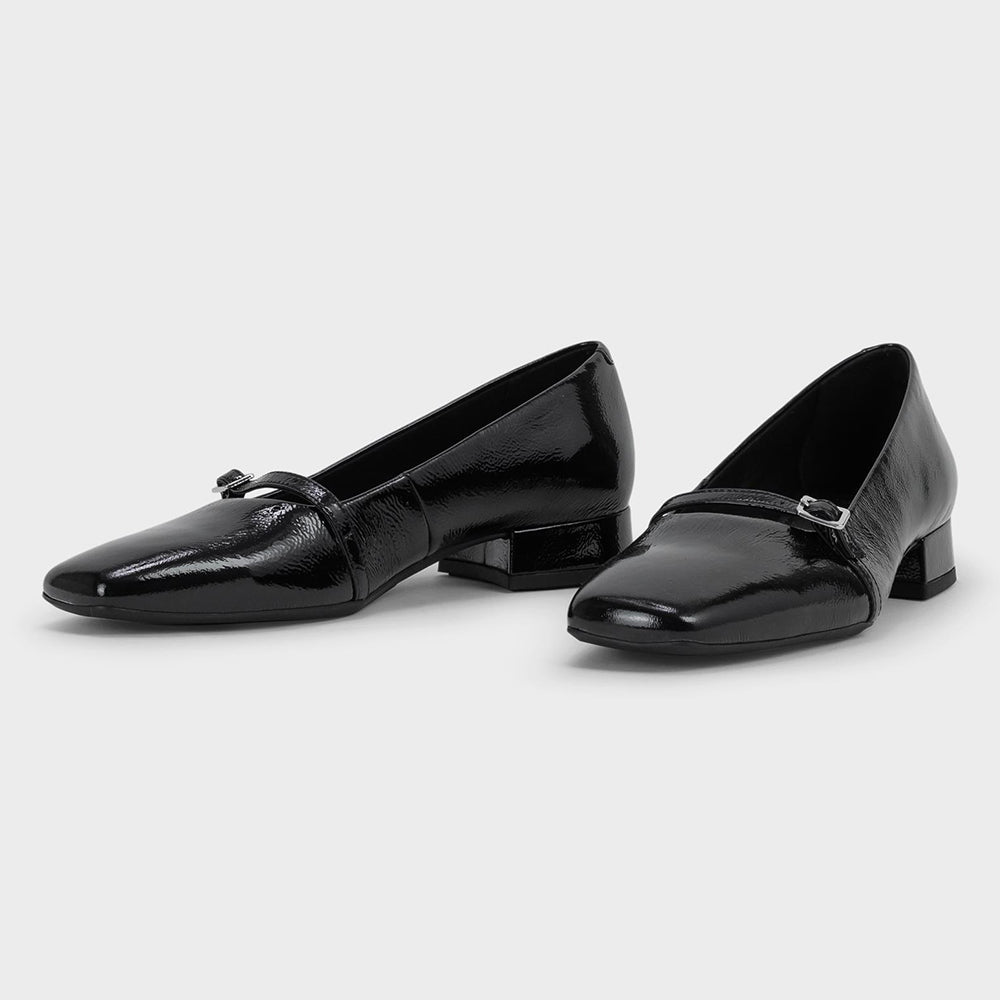 Black Vegan Leather Square Toe Buckle Strap Mary Jane Flats