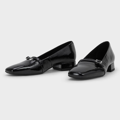 Black Vegan Leather Square Toe Buckle Strap Mary Jane Flats