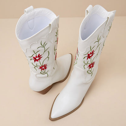 Elegant White Pointed Toe Flowers Embroidered Mid-Calf Cowgirl Boots