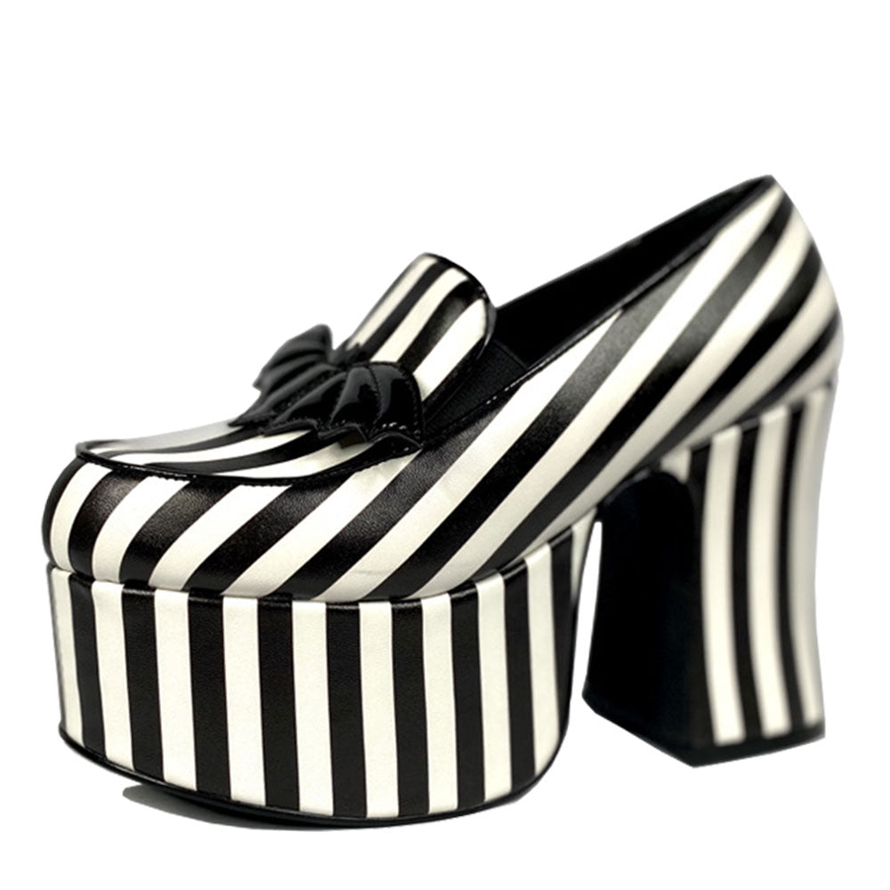 Black & White Stripes Chunky Heel Platform Loafers with Bat Decor