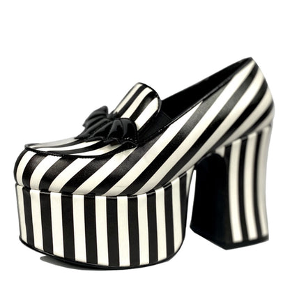 Black & White Stripes Chunky Heel Platform Loafers with Bat Decor