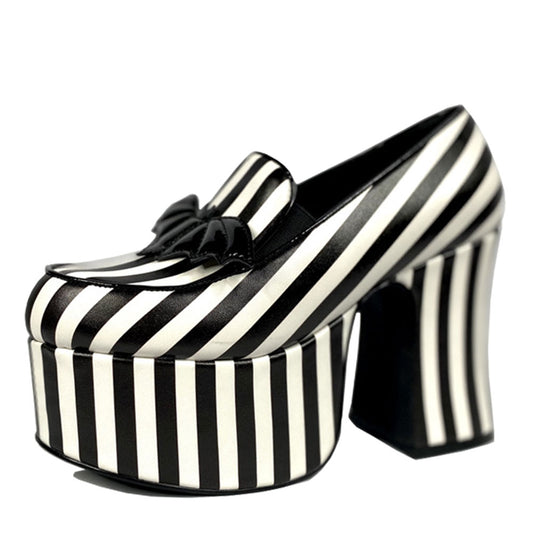Black & White Stripes Chunky Heel Platform Loafers with Bat Decor