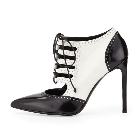 Black & White Pointed Toe Saddle Shoes Lace-Up Cutout Pumps Heels