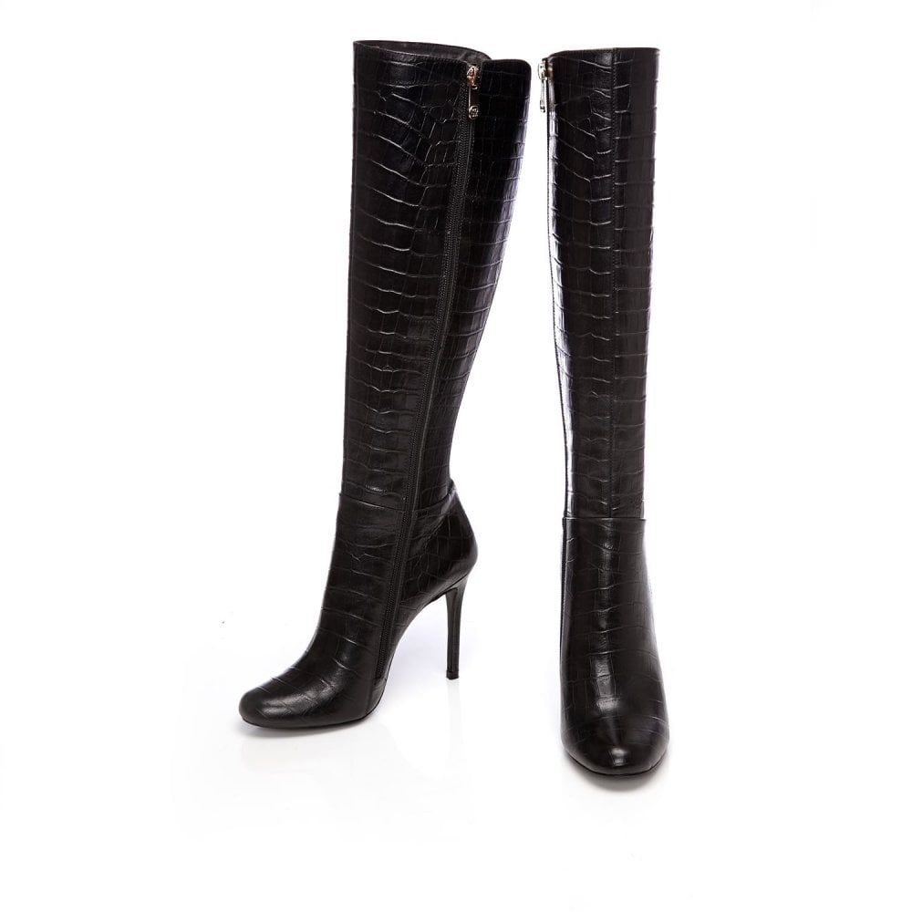 Black Croco Vegan Leather Long Boots Metal Button Knee High Boots