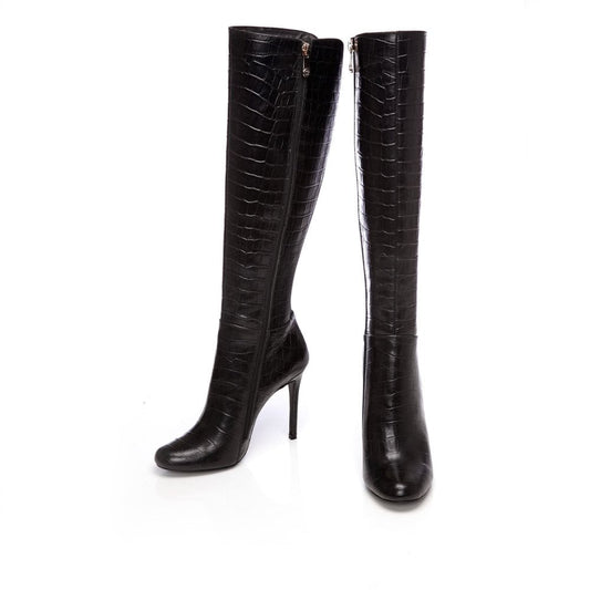 Black Croco Vegan Leather Long Boots Metal Button Knee High Boots