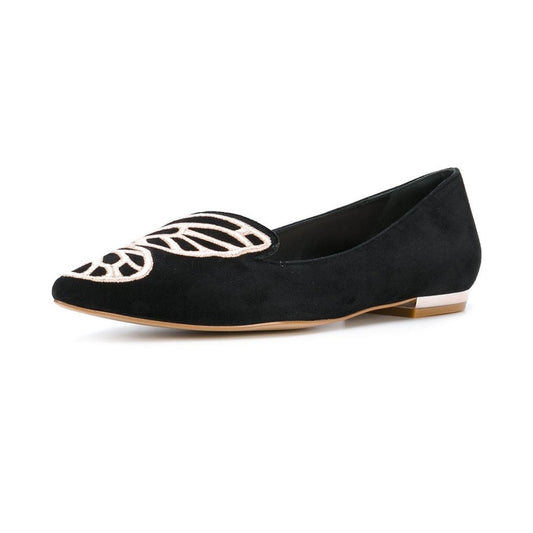Black Vegan Suede Embroidery Butterfly Pointed Toe Flats