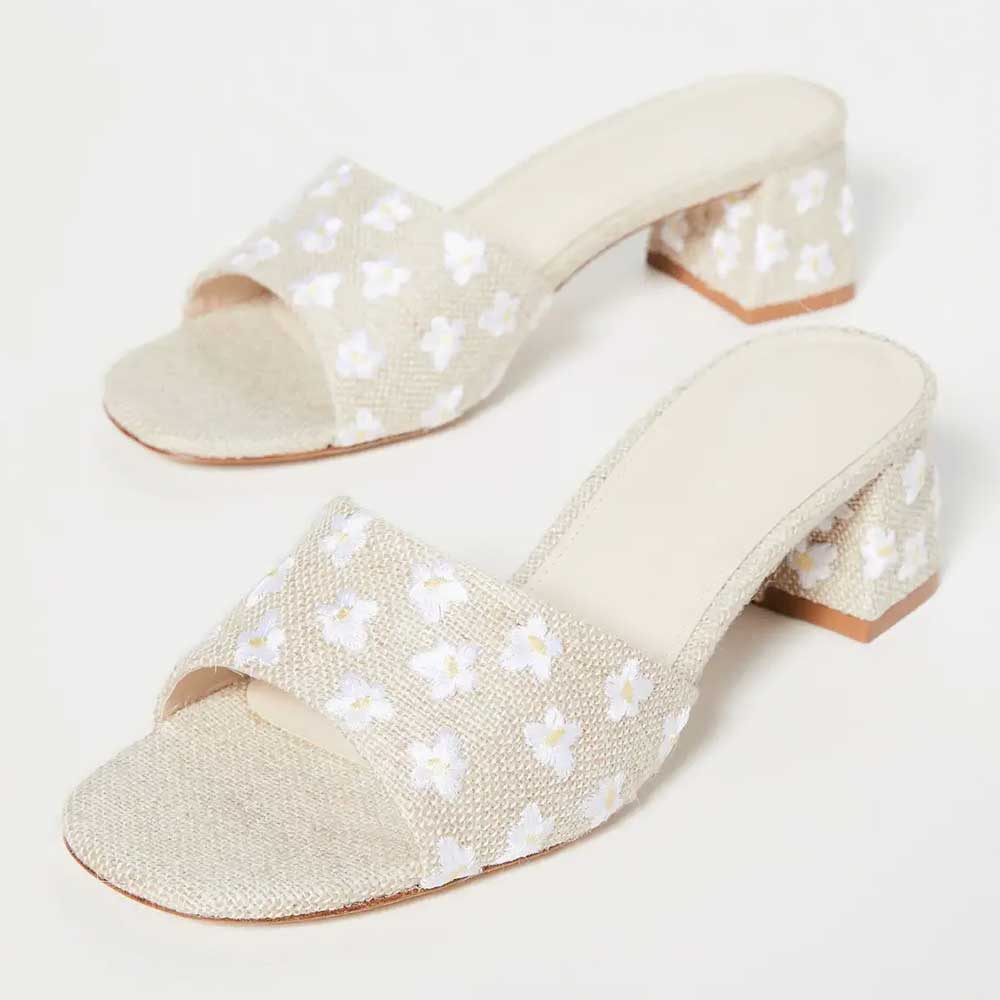 Beige Burlap Open Toe Daisy Embroidered Block Heel Mules Shoes