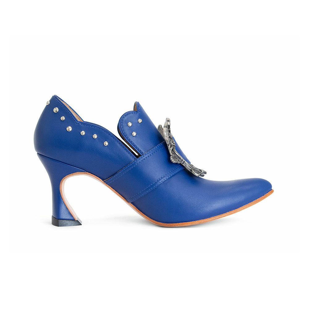 Blue Curved-Edged Pointed Toe Buckle Heeled Loafers with Studs