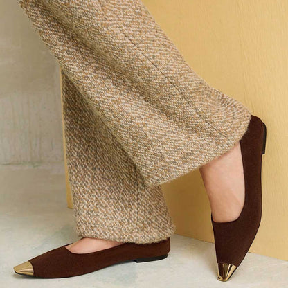 Women's Elegant Vegan Suede Metallic Square Toe Flats in Brown