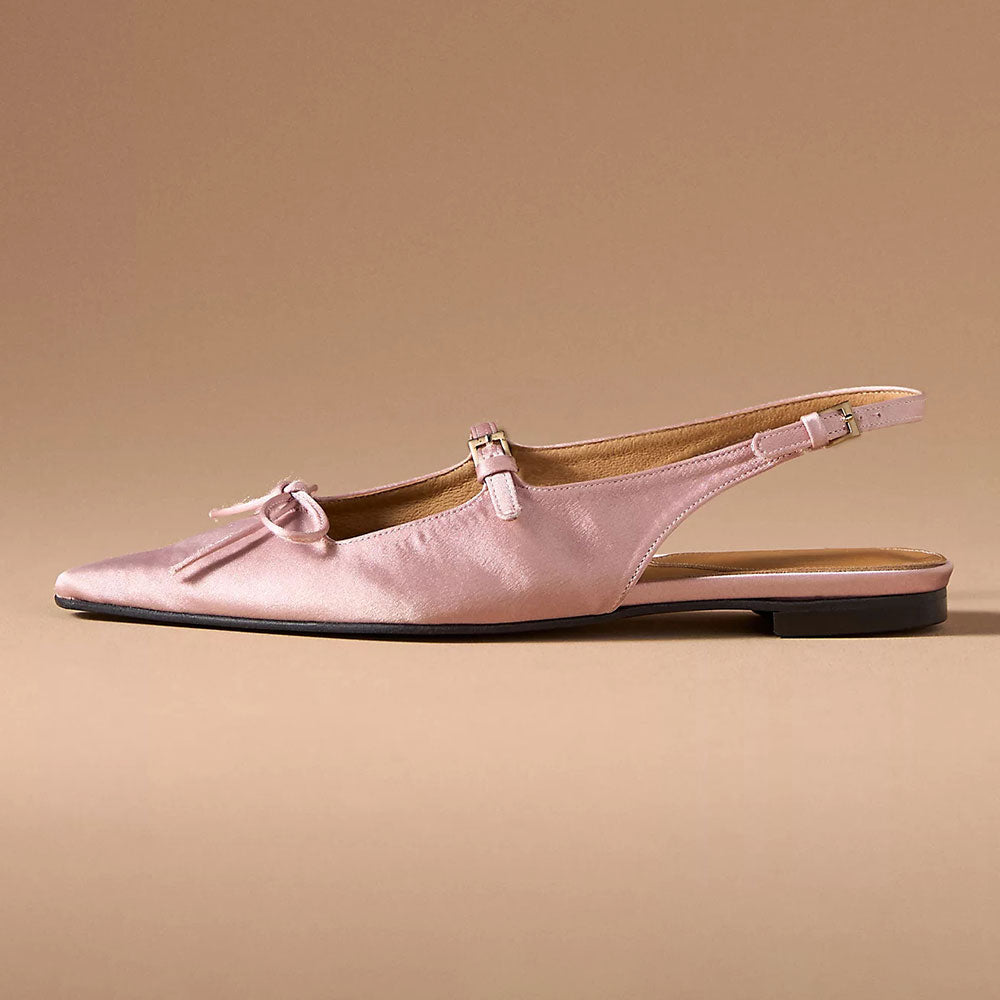 Elegant Pink Satin Buckle Strap Slingback Pointed-Toe Flats with Bow