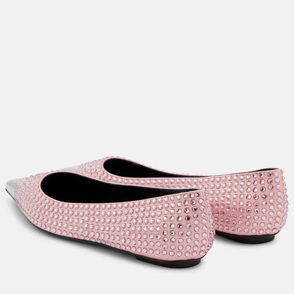 Pink Satin Pointed Toe Rhinestone Embellished Slip-On Ballet Flats
