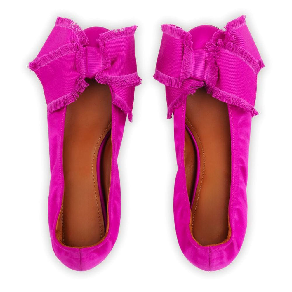 Fuchsia Satin Almond Toe Bow Decor Ballet Flats for Women